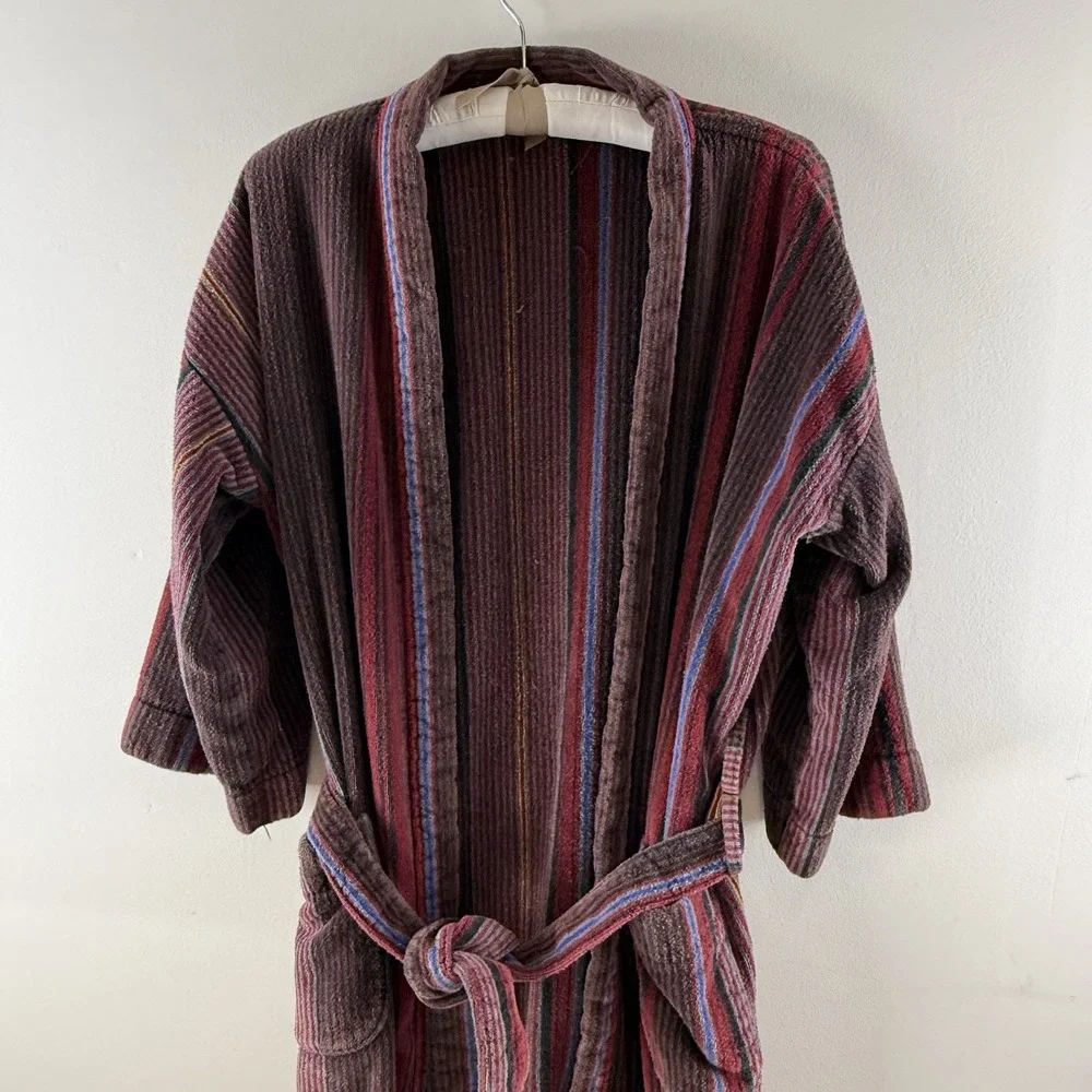Vintage Perry Ellis Portfolio Striped Thick Terry Cotton Robe One Size